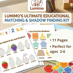 Könnte beinhalten: Pädagogisches Matching- und Schattenfindungs-Kit von Lumimo. Das Kit enthält 11 Seiten mit Aktivitäten zum Zuordnen von Früchten und Formen. Das Kit ist für Kinder im Alter von 2-6 Jahren konzipiert und ist laminiert für wiederverwendbaren Spaß.