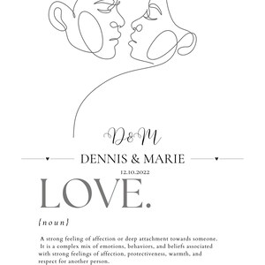 Affiche de couple personnalisée Line Art - Définition de l’amour avec nom et date - Téléchargement de cadeaux numériques - Art mural minimaliste