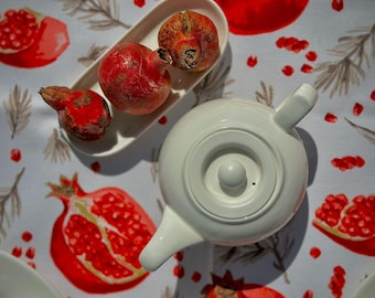 Pomegranate Tablecloth Red Fruit Pattern – Botanical Dining Decor, Fresh Kitchen Table Cover, Custom Size Holiday Linen, Fruit Leaves Print
