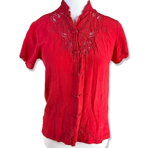 VINTAGE Chinese Embroidered Red Silk Crepe Short Sleeve Shirt