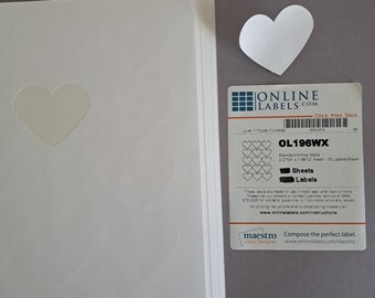 990 labels (66 sheets) 2.7" white matte heart shaped blank labels for any printer OL196WX packaging labels