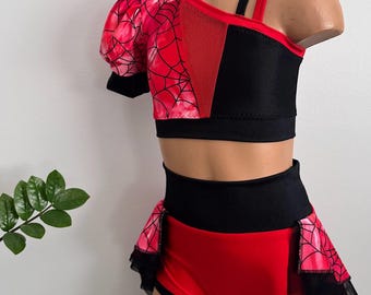 Spider Web One Shoulder Dance Costume Set – Red Black Practice Dancewear