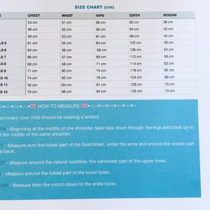 May include: A size chart for children's clothing, showing measurements in centimeters for chest, waist, hips, girth, and inseam. The chart includes sizes from 2T to Girls 12.