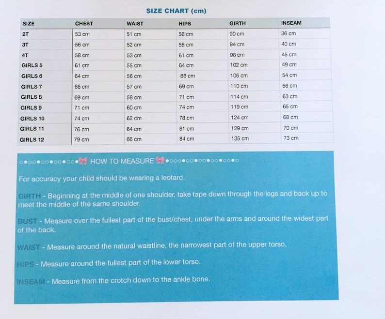 May include: A size chart for children's clothing, showing measurements in centimeters for chest, waist, hips, girth, and inseam. The chart includes sizes from 2T to Girls 12.