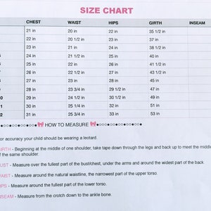 May include: Size chart for girls' clothing with measurements in inches for chest, waist, hips, girth, and inseam. Sizes range from 2T to 12.
