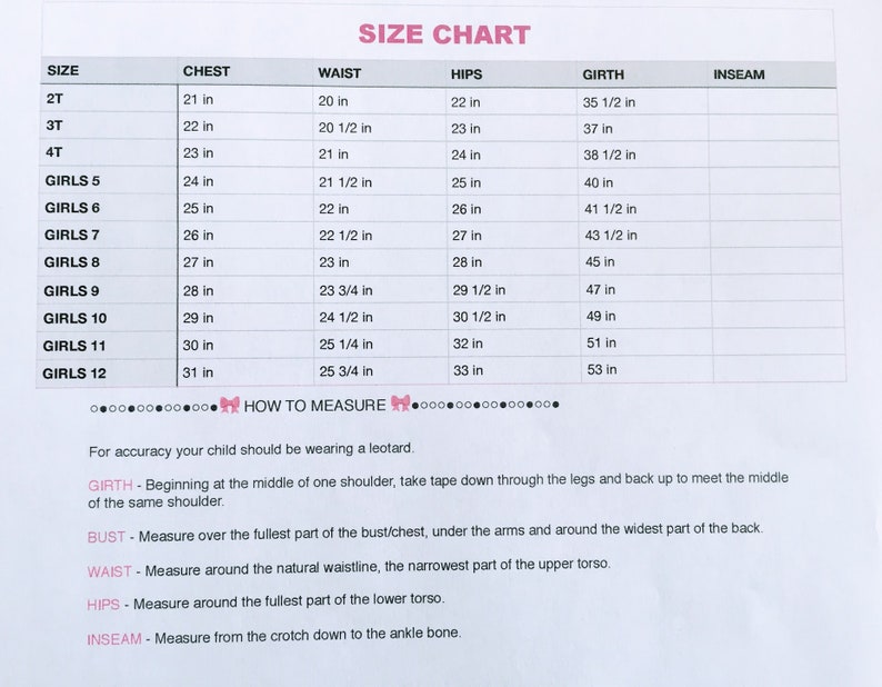 May include: Size chart for girls' clothing with measurements in inches for chest, waist, hips, girth, and inseam. Sizes range from 2T to 12.
