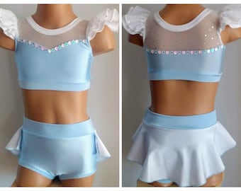 Cinderella Performance Costume-Cinderella Two Piece Dance Set-Cinderella Crop Top and Skirt-Baby Blue Dance Solo Costume-Toddlers Costumes