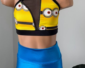 Traje de baile de dos piezas inspirado en los Minions – Conjunto de actuación de nailon y elastano