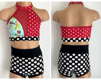 May include: Red and black polka dot halter top and shorts dance costume with a Minnie Mouse print on the front of the top.