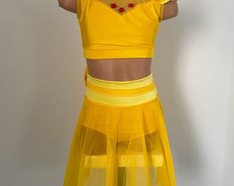 Belle Inspired Lyrical Dance Costume Set – Ruffle Sleeve Crop Top, Skirt