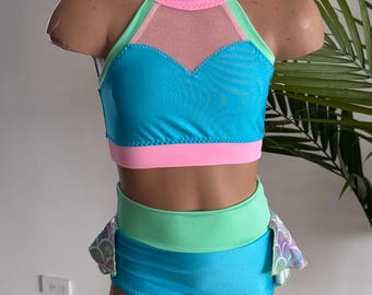Base de costume de danse sirène - Haut dos nu bleu et slip avec jupe dans le dos