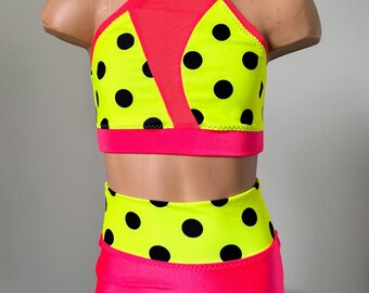 Custom Polka Dot Dance Costume Set – Neon Halter Crop Top, Matching Briefs