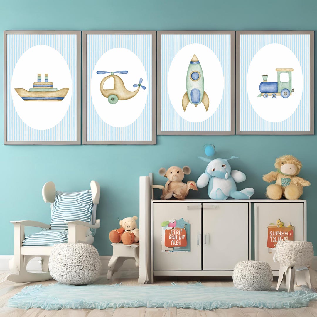Vintage Toys Nursery Wall Art Set of Four in Blue, Green, and Cyan ...