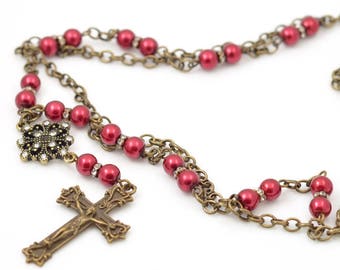 Rose Red Pearl Beaded Rosary Necklace