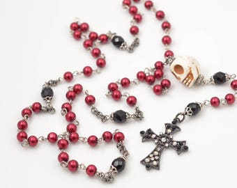 Red Rose Pearl and Sugar Skull Beaded Rosary