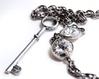 Steampunk Antique Key and Swarovski Crystal Necklace