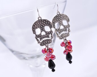 Skull and Ruby Red Dangle Earrings