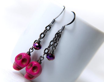 Hot Pink Skull and Chain Earrings