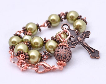 Olive Green Pearl and Copper Rosary Bracelet