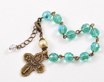 Light Teal Czech Glass Rosary Bracelet