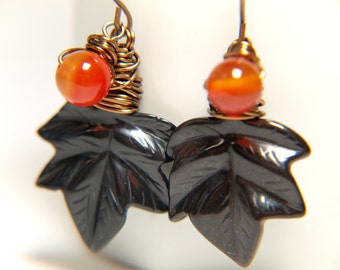 Wire Wrapped Gemstone Leaves and Carnelian Earrings