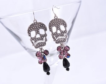 Skull and Amethyst Czech Glass Dangle Earrings