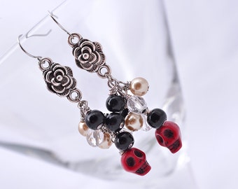 Day of the Dead Rose and Skull Cluster Earrings