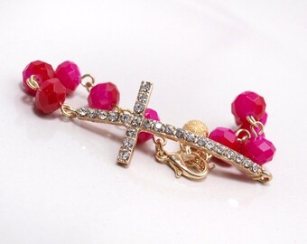 Crystal Cross and Hot Pink Wrap Bangle Bracelet in Gold