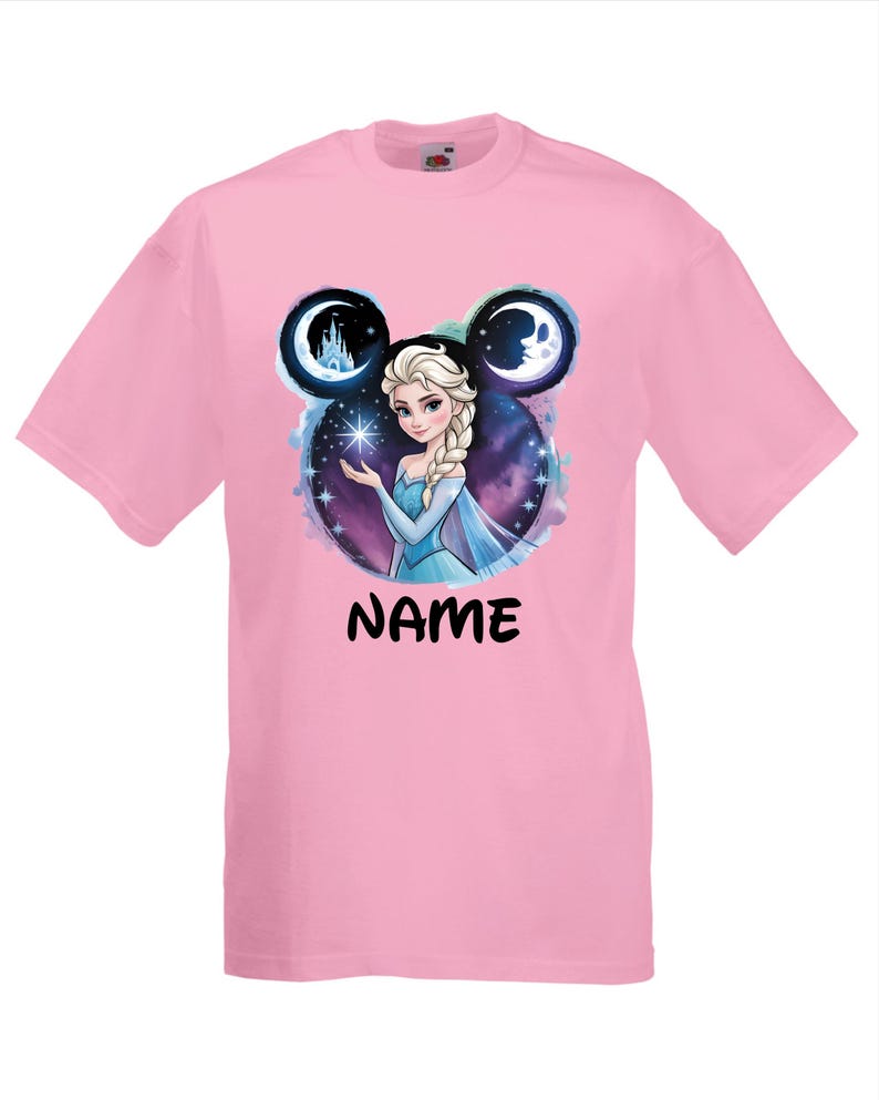 May include: Pink t-shirt featuring a graphic of a princess with a blue dress, holding a star. The design is set within a Mickey Mouse-shaped frame with a castle and moon. The word "NAME" is printed in black.