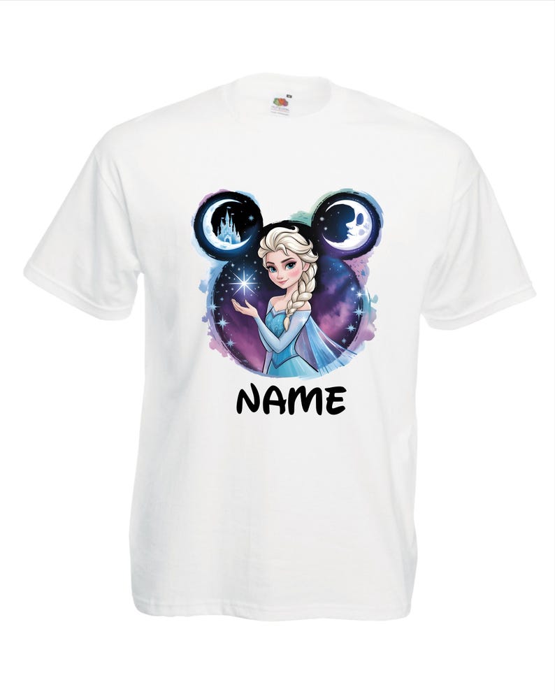 May include: White t-shirt featuring a graphic of a princess with blonde hair, wearing a blue dress, holding a star. The design includes a purple and blue galaxy background, with the word "NAME" in black font.