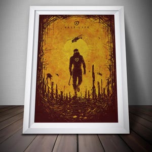 Puede incluir: Un póster enmarcado con una ilustración oscura y estilizada de una figura que sostiene una palanca sobre un fondo naranja vibrante. El texto HALF-LIFE y el símbolo lambda son visibles en la parte superior. La escena incluye siluetas de helicópteros.