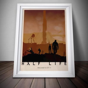 Könnte beinhalten: Gerahmtes Poster mit einer Silhouette-Landschaft, einschließlich einer hohen Struktur, Brücke und Figuren. Das Poster zeigt den Text "HALF LIFE" und "WELCOME TO CITY 17" in einem minimalistischen Design, vor einem warmen, erdigen Hintergrund.