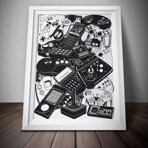 May include: Black and white framed print featuring a collage of vintage video game controllers and joysticks. The artwork includes various designs, from classic joysticks to modern gamepads, creating a nostalgic theme.