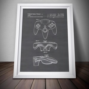 May include: Framed patent illustration of a game controller, featuring three different views. The text reads "United States Patent" and "CONTROLLER FOR GAME MACHINE". The design is in white on a dark gray background.