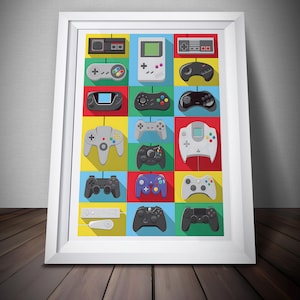 May include: A framed print displaying a grid of retro video game controllers. Each controller is set against a vibrant, coloured square. The controllers are in various shades of grey, black, and white, with some in blue and green. The background is a mix of yellow, red, and green.