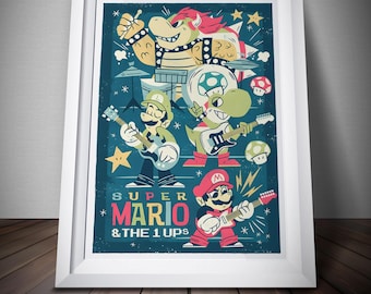 Puede incluir: Póster enmarcado con una banda de personajes de Super Mario. Mario, Luigi, Yoshi y Bowser se representan tocando instrumentos sobre un fondo verde azulado. El texto "SUPER MARIO & THE 1 UPS" se muestra en el centro del póster.