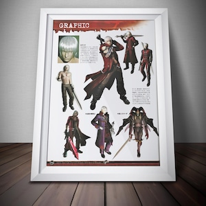 May include: Framed print featuring character illustrations from a video game. The print includes multiple figures in various poses, with a red and black color scheme. The word "GRAPHIC" is at the top. The frame is white.