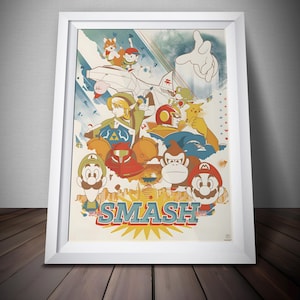 Puede incluir: Póster enmarcado con un collage de personajes de videojuegos, incluyendo a Mario, Link y Pikachu. La palabra "SMASH" se muestra en una fuente estilizada, con un paisaje urbano y una mano en el fondo. El póster está en un marco blanco.