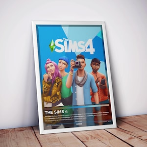 May include: A framed poster for The Sims 4 video game featuring the title logo and four characters. One character holds a camera, while others stand nearby. The bottom section includes descriptive text about the game, the developer Maxis, and the release date.