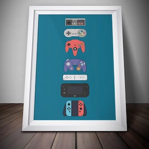 May include: A framed print with a teal background, displaying a collection of colourful video game controllers. The controllers are arranged vertically, representing different gaming eras. The white frame contrasts with the artwork, and the print is set on a wooden surface.