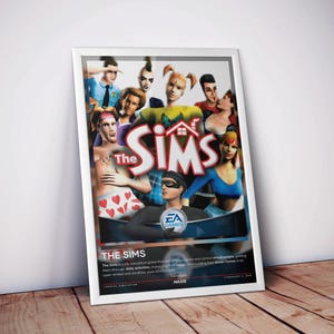 May include: A framed poster for The Sims video game featuring a group of diverse characters in various outfits. The title The Sims is displayed in large white letters with a red outline. The EA Games logo is visible, along with descriptive text.