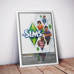 May include: A framed poster for The Sims 3 video game featuring the iconic green plumbob logo, the game title in blue text, and illustrations of four diverse characters. The bottom section includes descriptive text about the game and the developer Maxis.