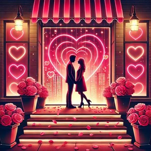 Puede incluir: Una pareja se encuentra frente a una tienda con un letrero de corazón de neón. La tienda está decorada con rosas rojas y un toldo rojo. La pareja está silueteada contra el letrero de corazón de neón.