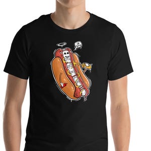 Hot Dog Skeleton Shirt | Funny Fast Food T-Shirt | Spooky Street Food Tee | Weird Snack Graphic | Unisex Bold Cartoon Top
