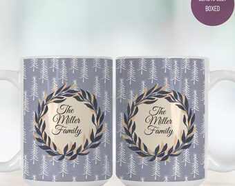 Personalized Christmas Family Mug – Custom Name Holiday Wreath Coffee Cup – Neutral Modern Winter Gift