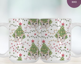 Christmas Tree Hat Cat Pattern Mug Deluxe 15oz. - Cat Mom Gift