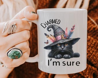 Charmed I’m Sure Black Cat Mug – Cute Witchy Fall Coffee Cup – Halloween Gift for Cat Lovers – Boho Witch Hat – Cozy Spooky Aesthetic
