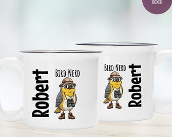 Personalized Bird Nerd Ceramic Camp Mug White 13oz - Avian Watcher Gift
