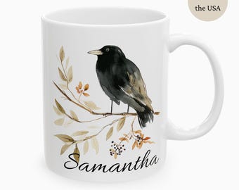 Personalized Fall Raven Ceramic Mug, Gift for Nature Lovers, Unique Home Decor