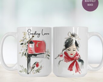 Sending Love Mug – Red & Black Watercolor – Artistic Gift for Her - Long Distance Friendship